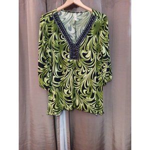 Women's Perception Dressy Career Stretchy Green/Black High Low Blouse XL